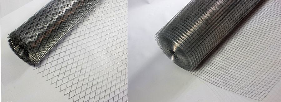 Оцинкованные металлические сетки для штукатурки стен фасадов: просечно-вытяжная (слева) / сварная (справа)